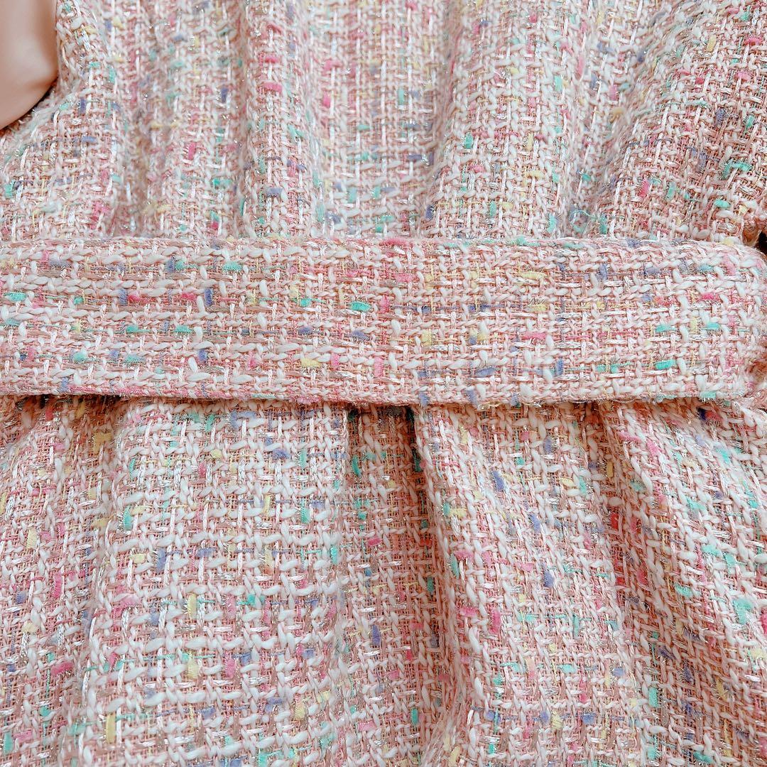 areeam ピンク系ミックスツイード長袖マキシワンピース　異素材　ベルト付き