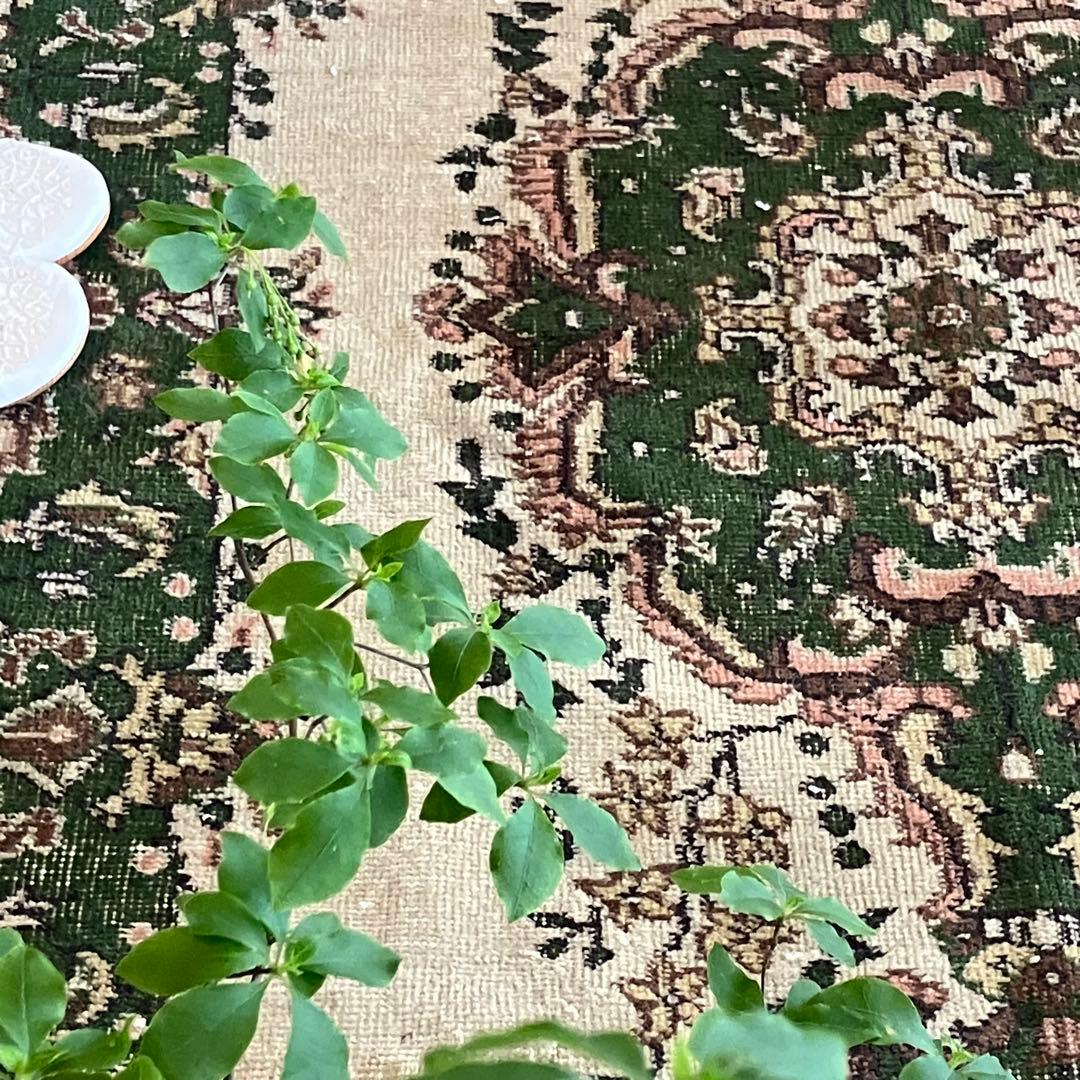 メダリオン113×199カーキ　リッチwool グリーン　トルコヴィンテージラグ