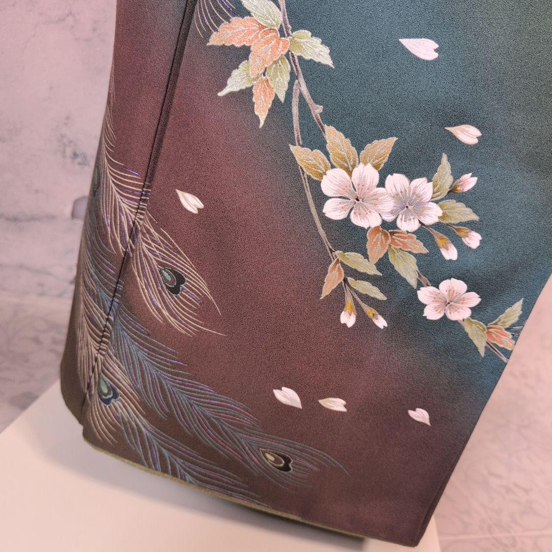 訪問着　フルセット　着物　正絹　カーキ　緑　孔雀の羽　藤の花　祝い事　豪華　A2