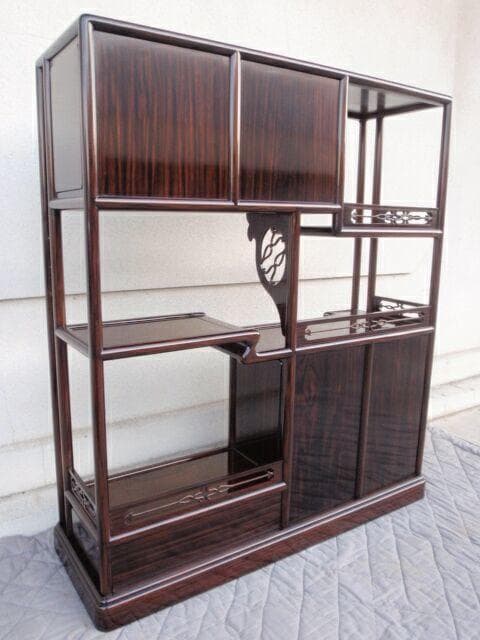 半額以下！新品 95巾 黒檀 無垢 高級飾り棚 違い棚 唐木茶棚 茶箪笥 検花梨