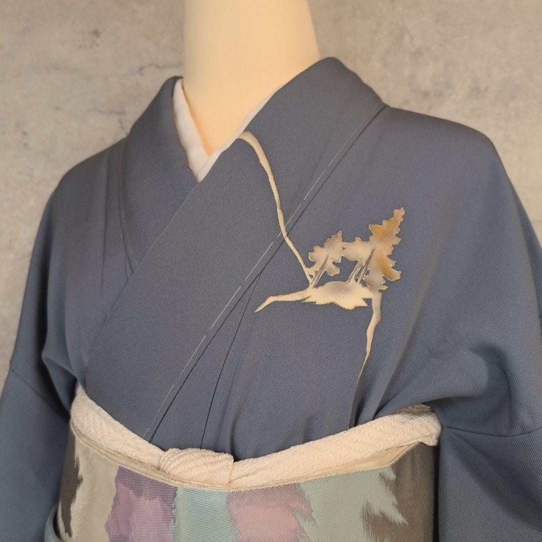 訪問着　フルセット　着物　正絹　落款　山　Sサイズ　青　金彩　しつけ糸　F9