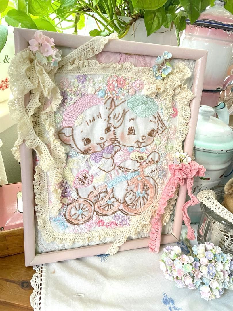 アンティークキルト＆アニマル刺繍フレーム♡ハンドメイド·͜· ♡