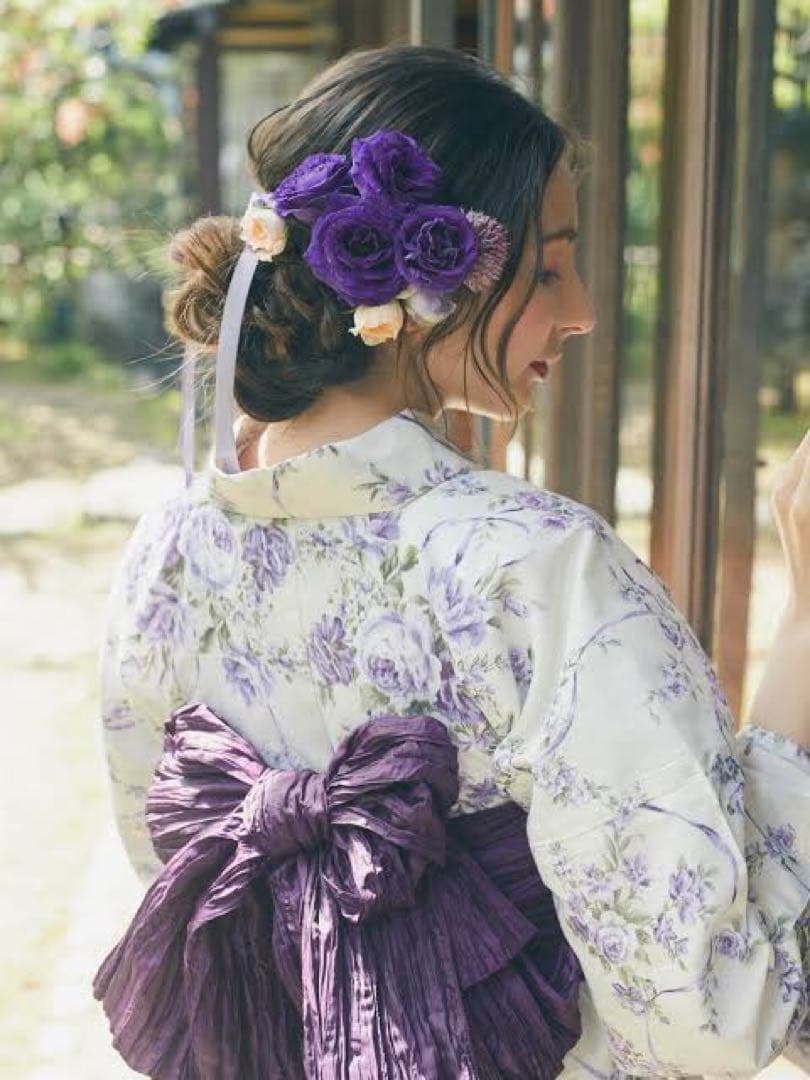 美品 Maisonde FLEURフレンチローズ浴衣 パープル 紫