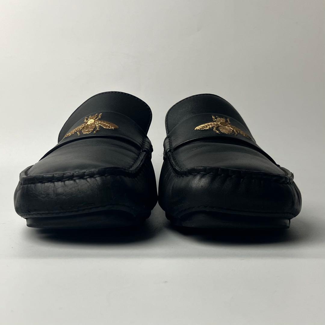 【良品】GUCCI スクエアトゥ　ドライビング　ローファー　蜂　刺繍　25.5黒
