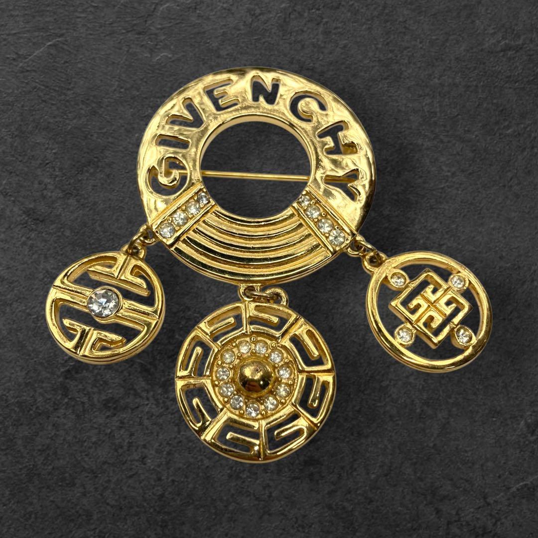 vintage GIVENCHY ロゴ×3チャーム ブローチ ゴールド 206