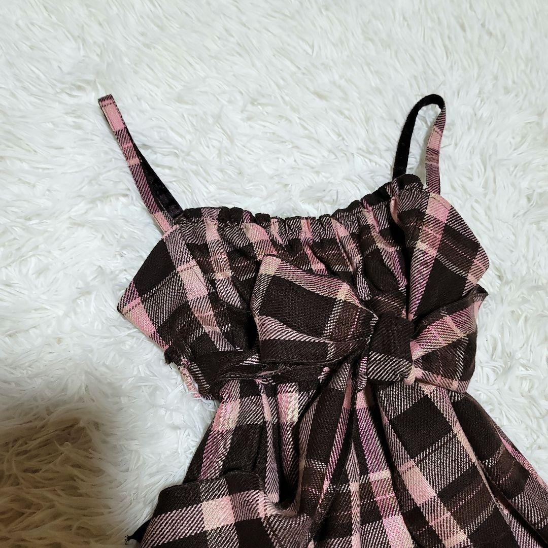 00s LIZLISA ピンクブラウンチェック リボン付き ワンピース 旧タグ