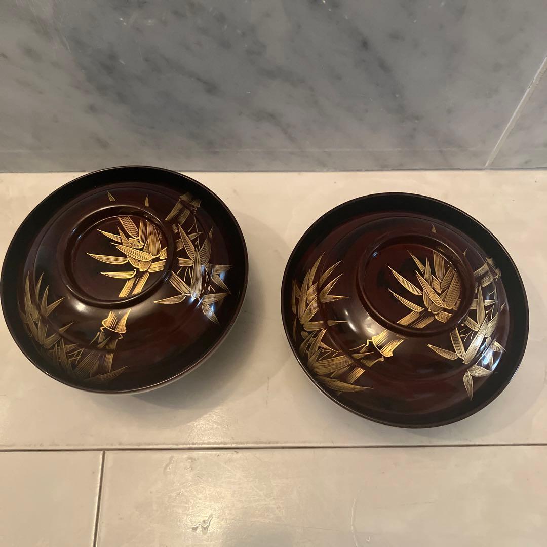 アンティーク大正時代　金彩のスズメや上品な竹が美し過ぎる木製輪島漆塗りお椀2客