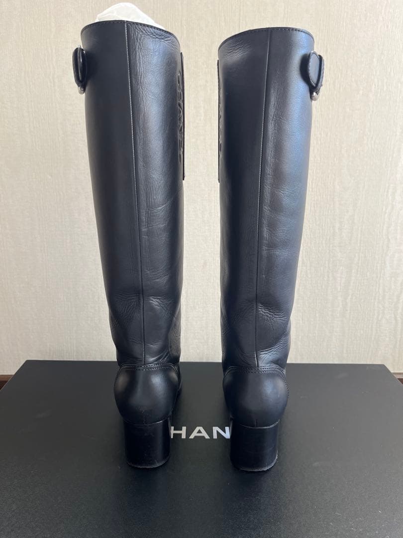 CHANEL シャネル バックルベルト カーフスキン ブラック ハイブーツ 38