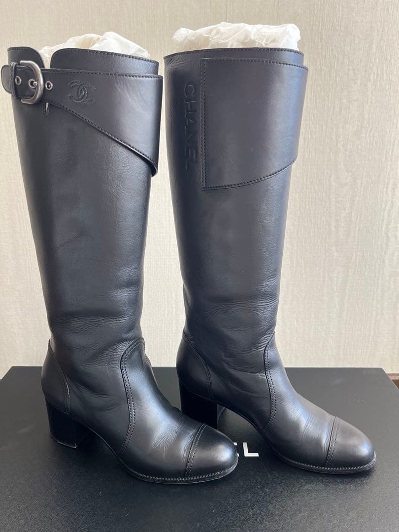 CHANEL シャネル バックルベルト カーフスキン ブラック ハイブーツ 38