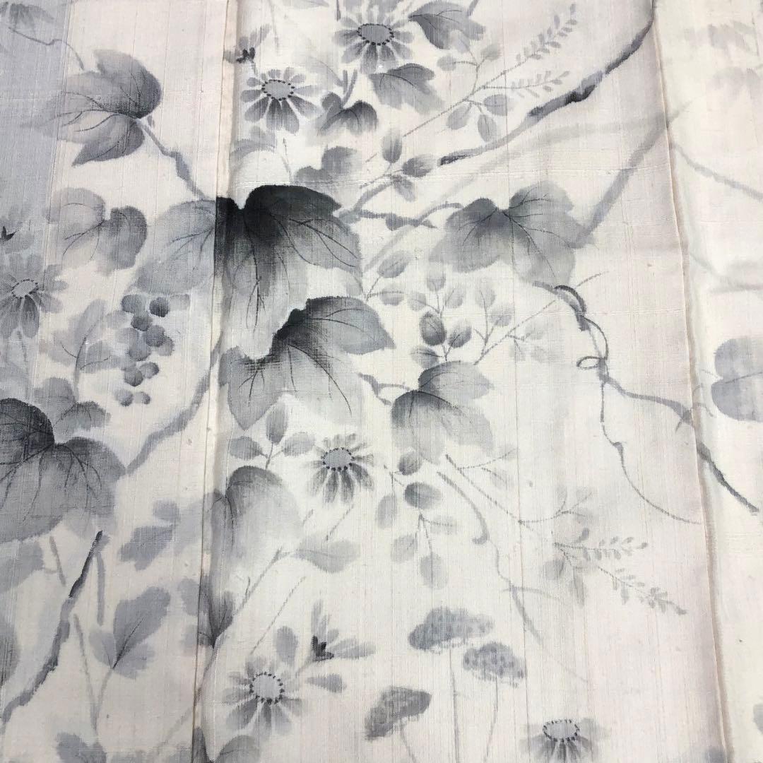 訪問着 紬 花草模様 葡萄 炭描き 乳白色 KK-2202