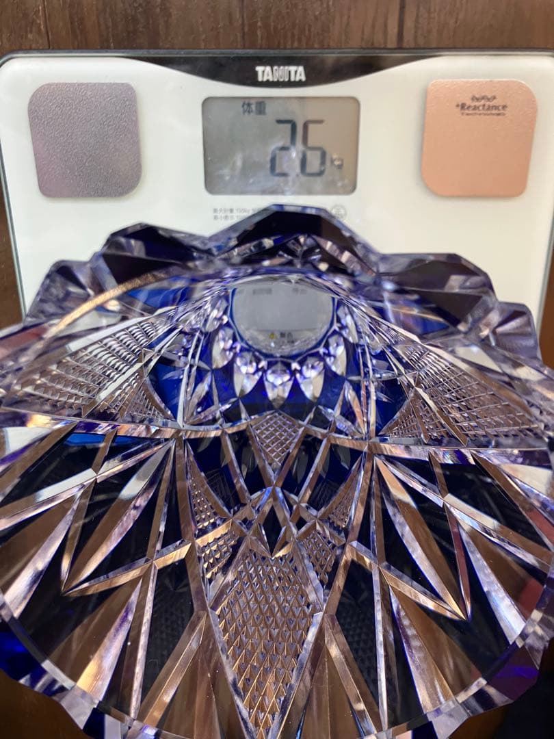 昭和レトロ◆江戸切子◆花器 花瓶◆昭和後期◆青被せ カットガラス