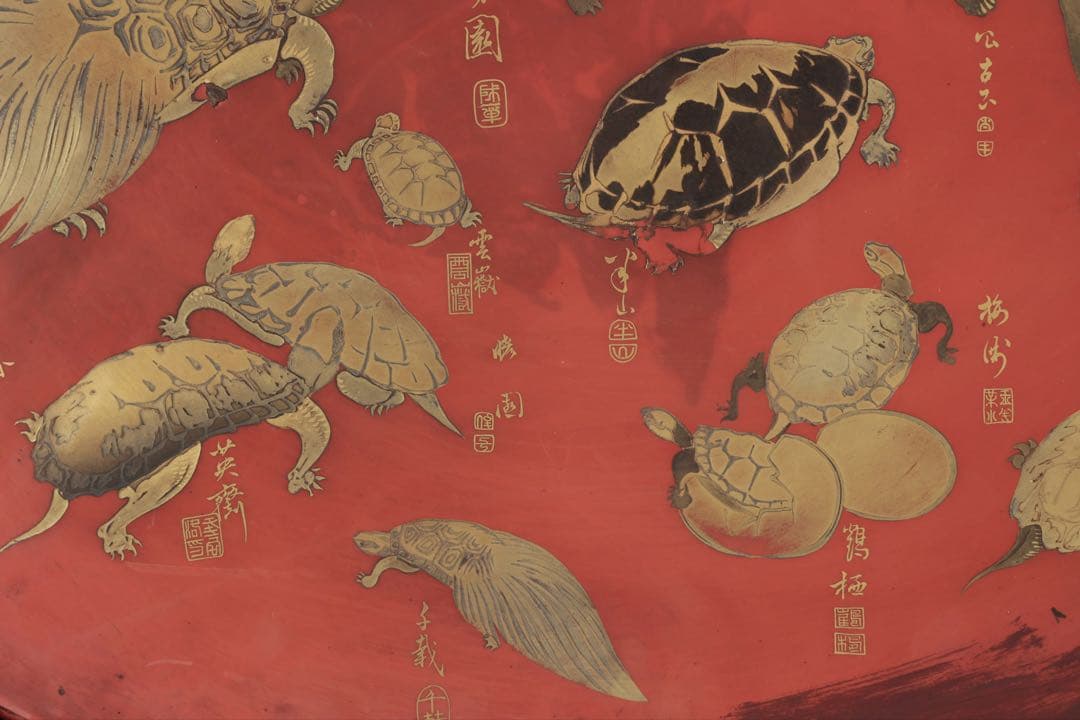 買*き様 特大62cm 朱漆蒔絵 亀尽図大盃 大杯 飾皿 縁起物 長寿 吉祥 骨