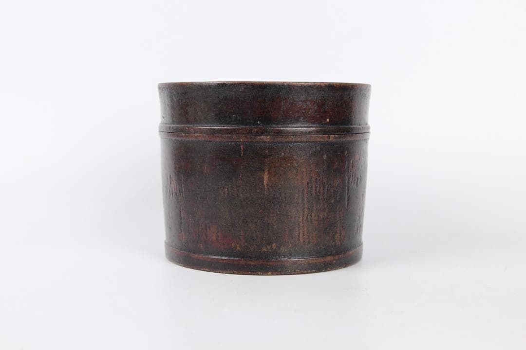 明末清初中国 木胎 黒漆 筒形容器 民窯 民用 漆器 物入れ ED11-23