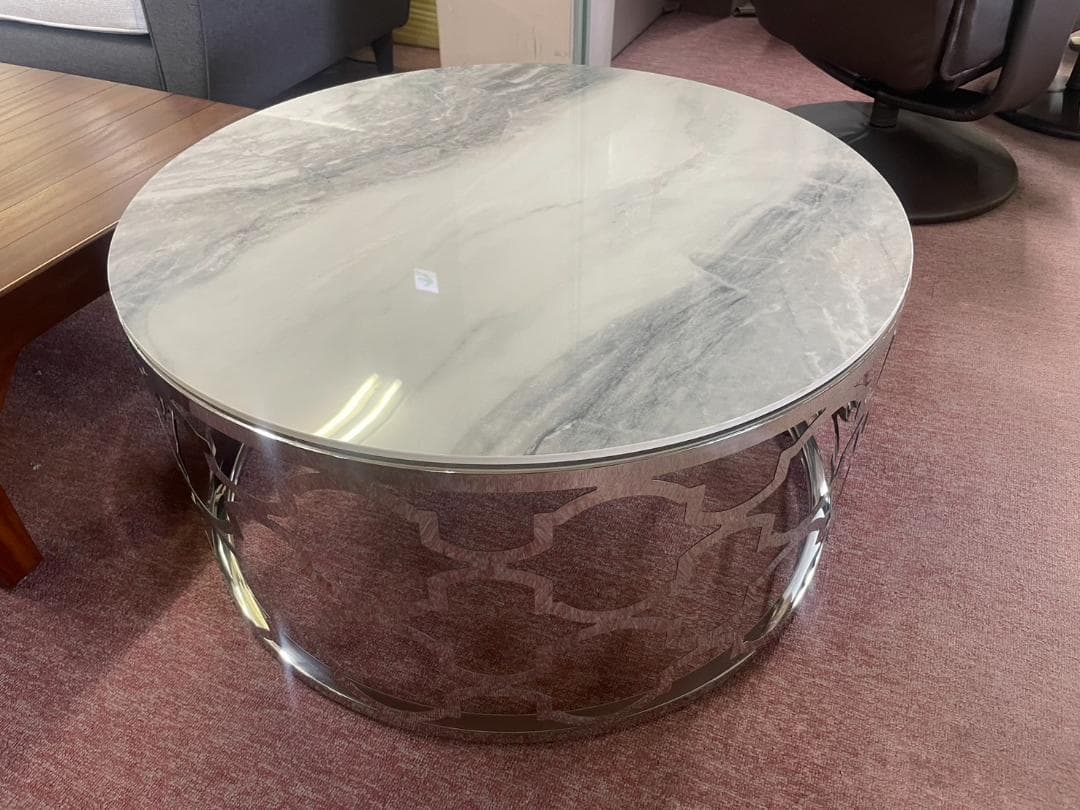 大理石風　センターテーブル　ラウンドテーブル　丸　円　テーブル　ホワイト　白