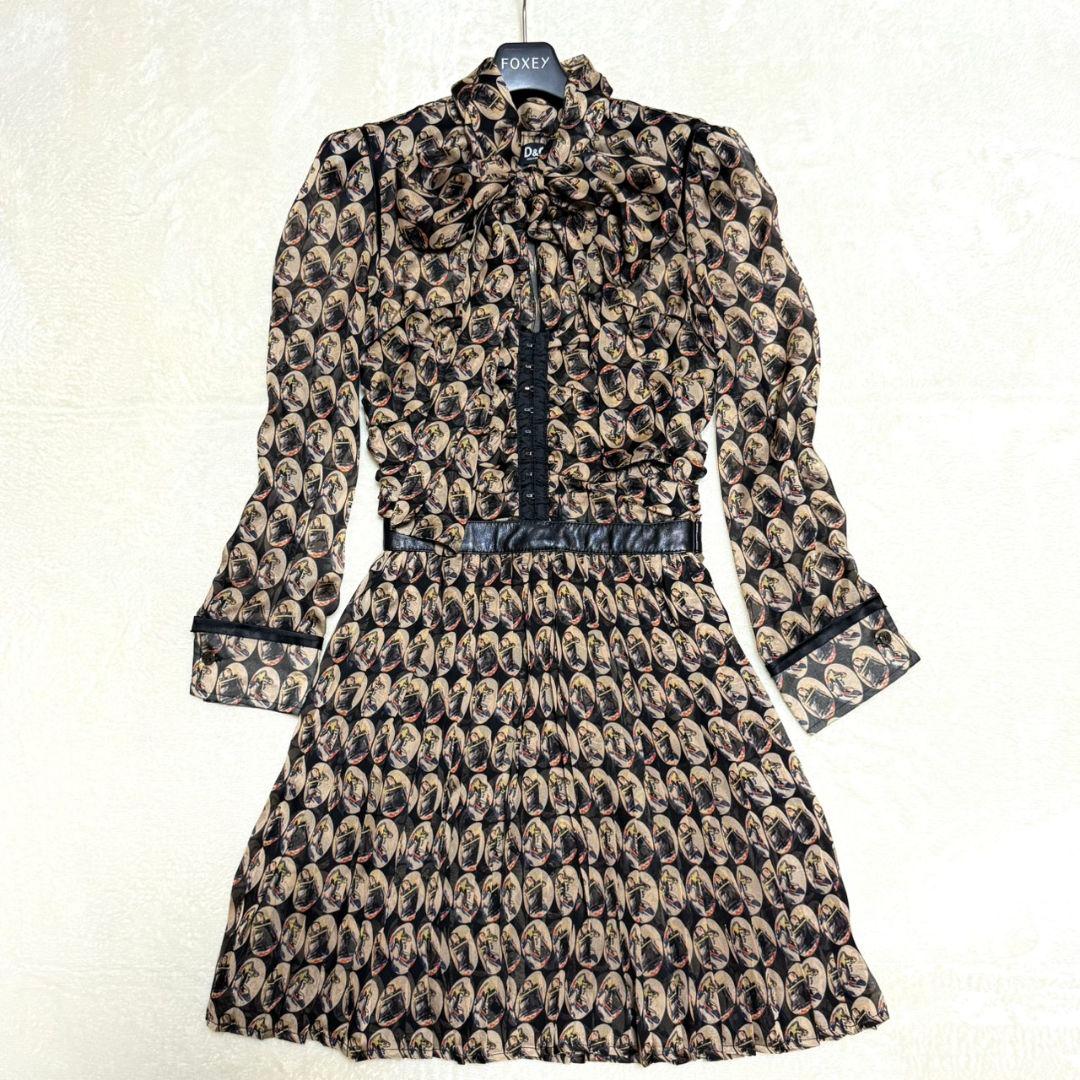 美品 ドルチェアンドガッバーナ ボウタイ シルク ワンピース ラムレザー 総柄