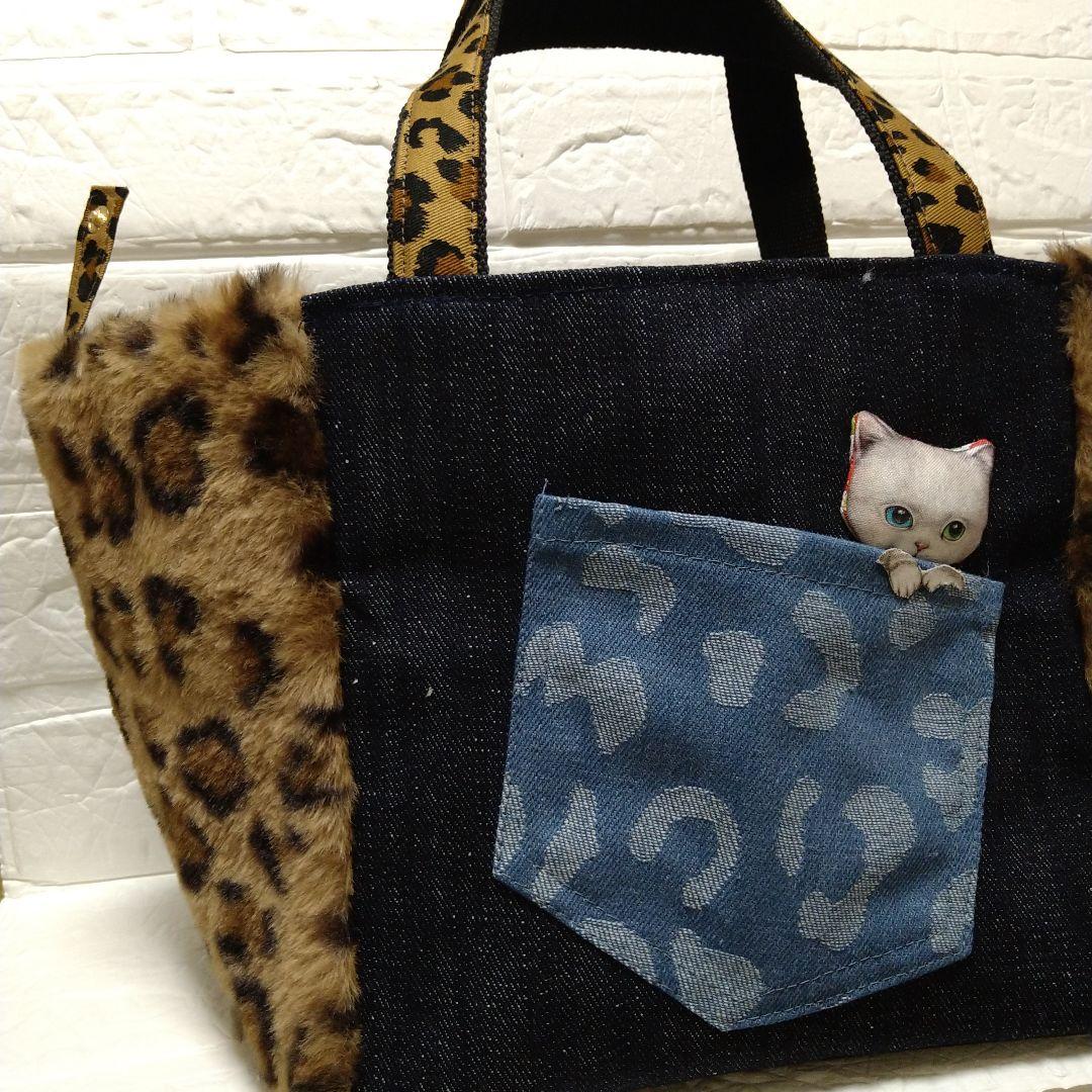 ゆ*ら様 コヤンイサムチョン☆スクエアトートバッグ　デニム＆ヒョウ柄ボア　オッド