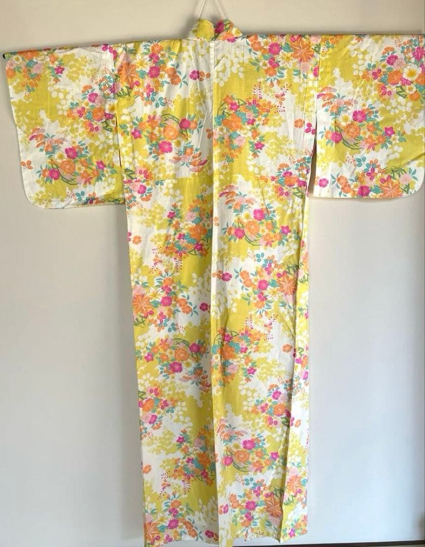 【柴田】美品　撫松庵　黄色に花　単衣／浴衣