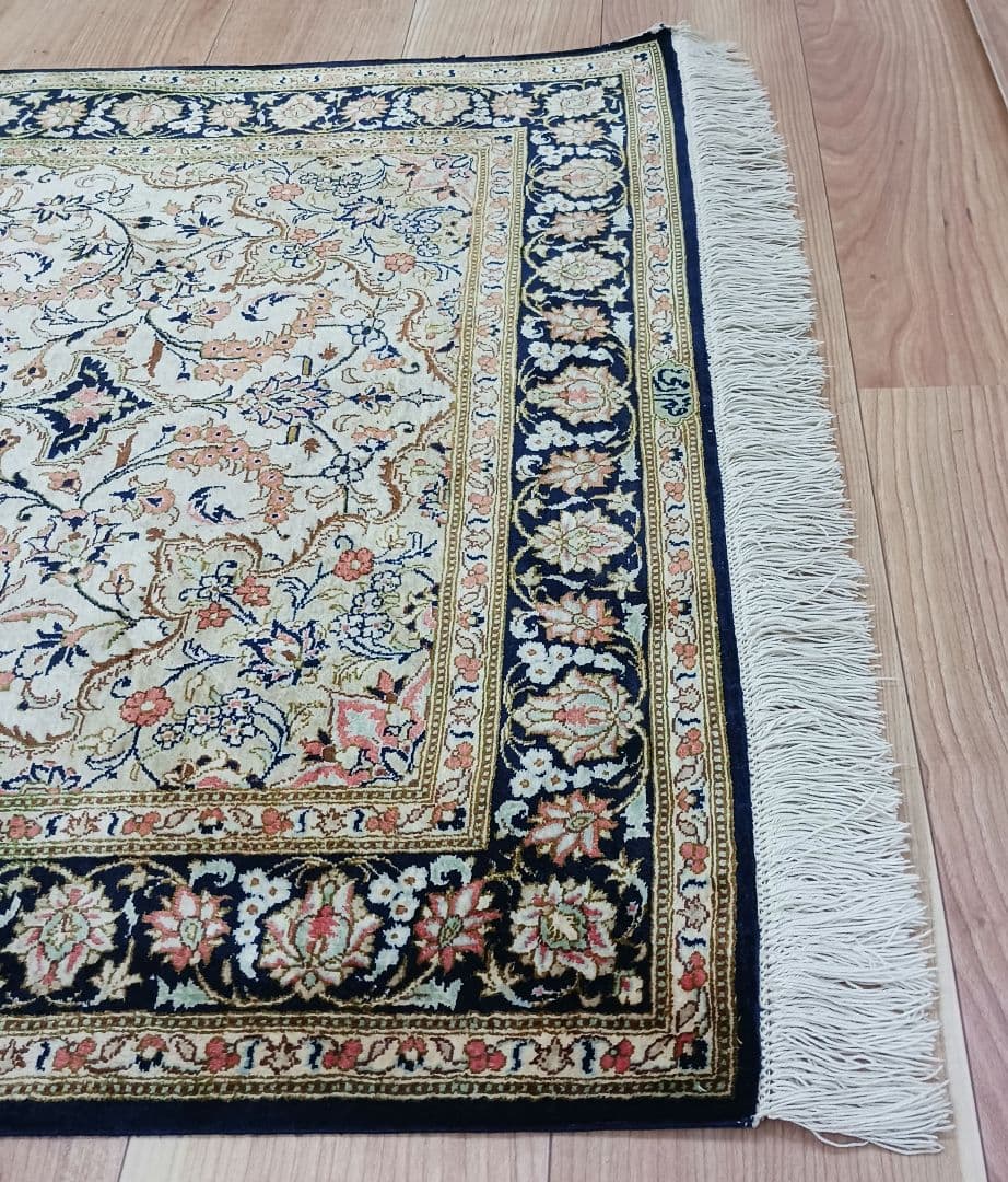 Y3283 高級ペルシャ絨毯 クム産 工房サイン シルク100% 手織り