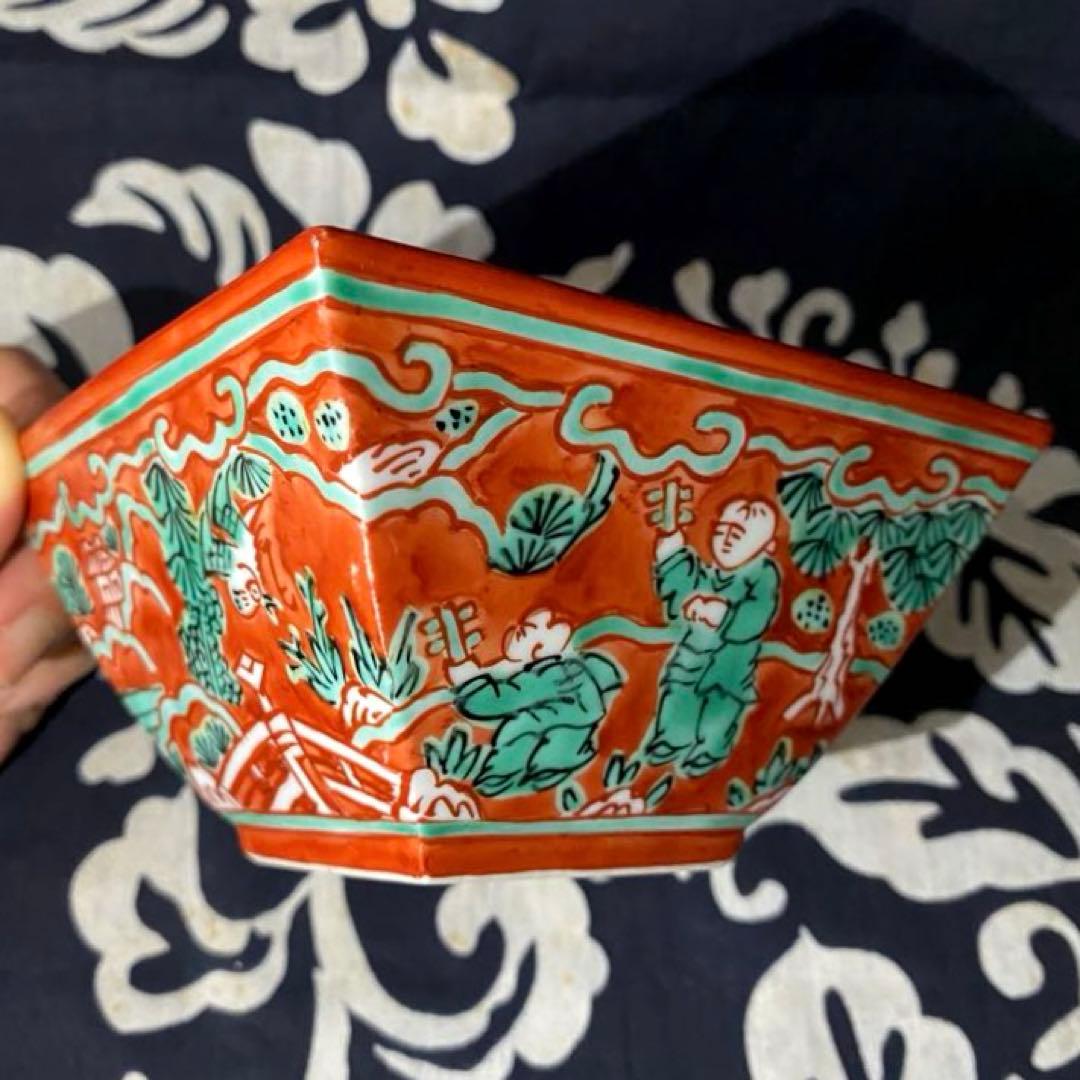 京焼　叶松谷　嘉靖意赤絵唐子画　向付　中国古玩大明嘉靖年製写し　二客組　清水焼