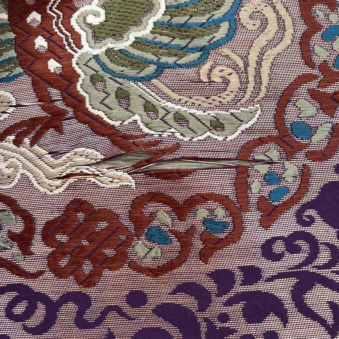 ＊しおり＊丸帯 アンティーク 正絹 龍と鳳凰 ブラウンゴールド紫緑 難あり