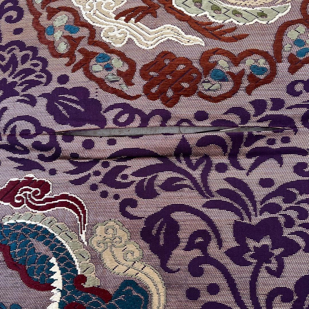 ＊しおり＊丸帯 アンティーク 正絹 龍と鳳凰 ブラウンゴールド紫緑 難あり