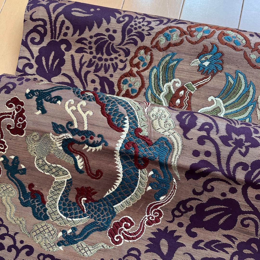 ＊しおり＊丸帯 アンティーク 正絹 龍と鳳凰 ブラウンゴールド紫緑 難あり