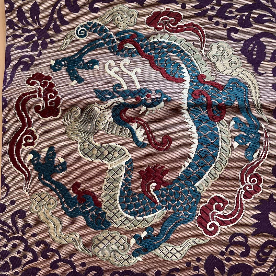 ＊しおり＊丸帯 アンティーク 正絹 龍と鳳凰 ブラウンゴールド紫緑 難あり