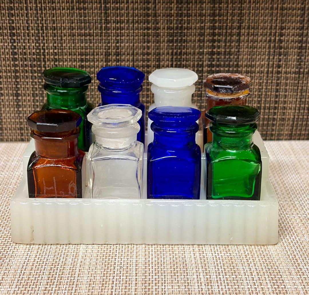 戦前 歯医者 薬瓶 ミルクガラス 薬瓶台 セット ①