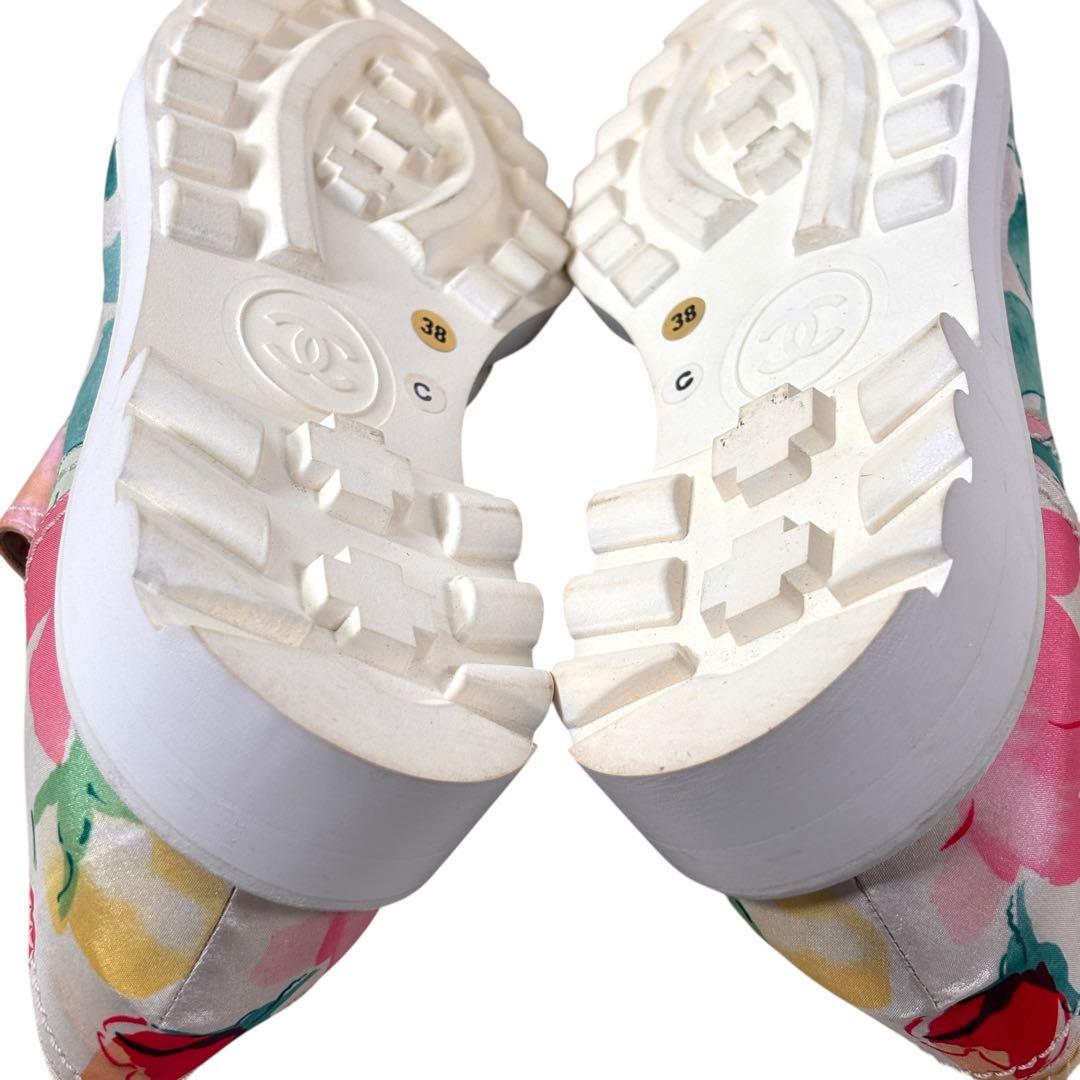 シャネル CHANELフラワー柄 レースアップシューズ 38 ※難あり