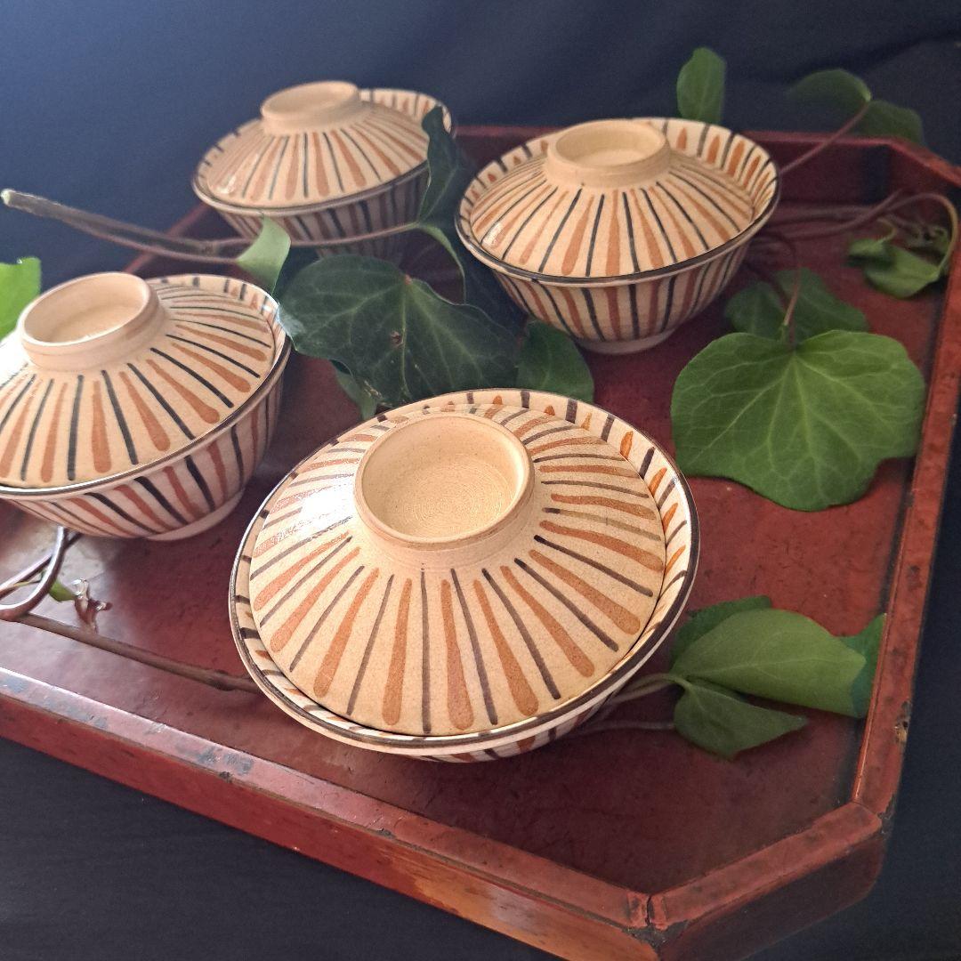 「麦わら手(で)を愉しむ！」瀬戸焼き蓋茶碗(直径11.5cm) 4客セット 骨董