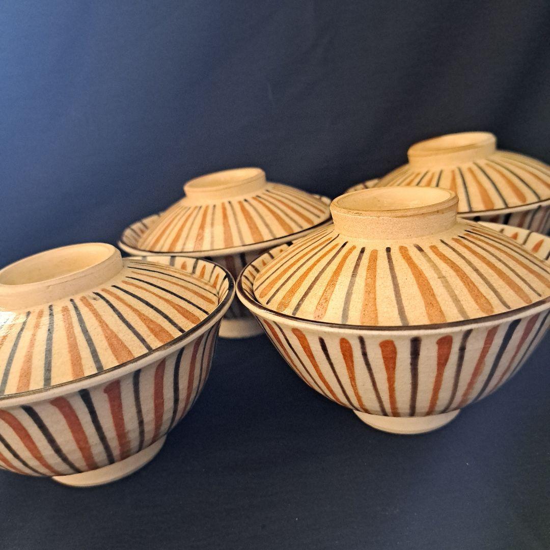 「麦わら手(で)を愉しむ！」瀬戸焼き蓋茶碗(直径11.5cm) 4客セット 骨董