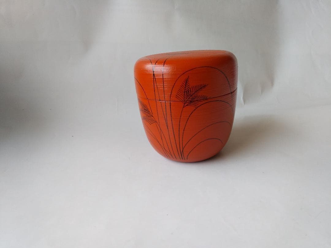 山中塗 蒔絵師 筑城筑良 作 朱刷毛目 ススキ 中棗 漆器 漆芸 棗 共箱 新品