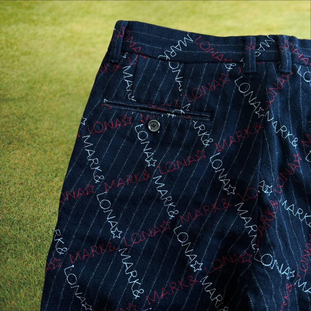 起毛素材　秋冬　マークアンドロナ　ジョガーパンツ　総柄　S〜M相当　紺　ネイビー