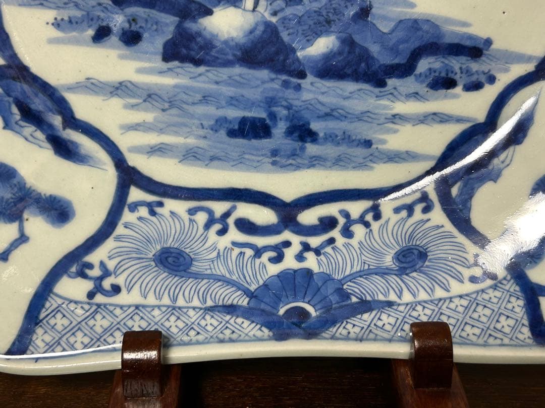 古伊万里　染付山水文角皿　江戸後期