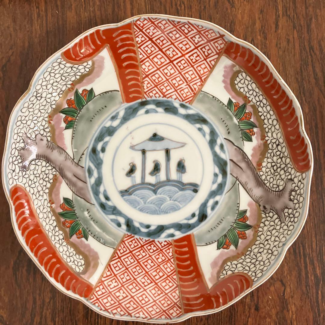 江戸後期〜明治初期｜古伊万里 7寸皿｜染錦 金彩色｜桜の木 唐人