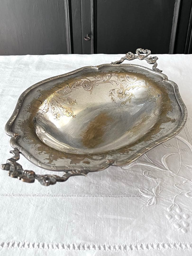 【美品】フランスアンティーク リボンモチーフ シルバー 大きなトレー[3675]
