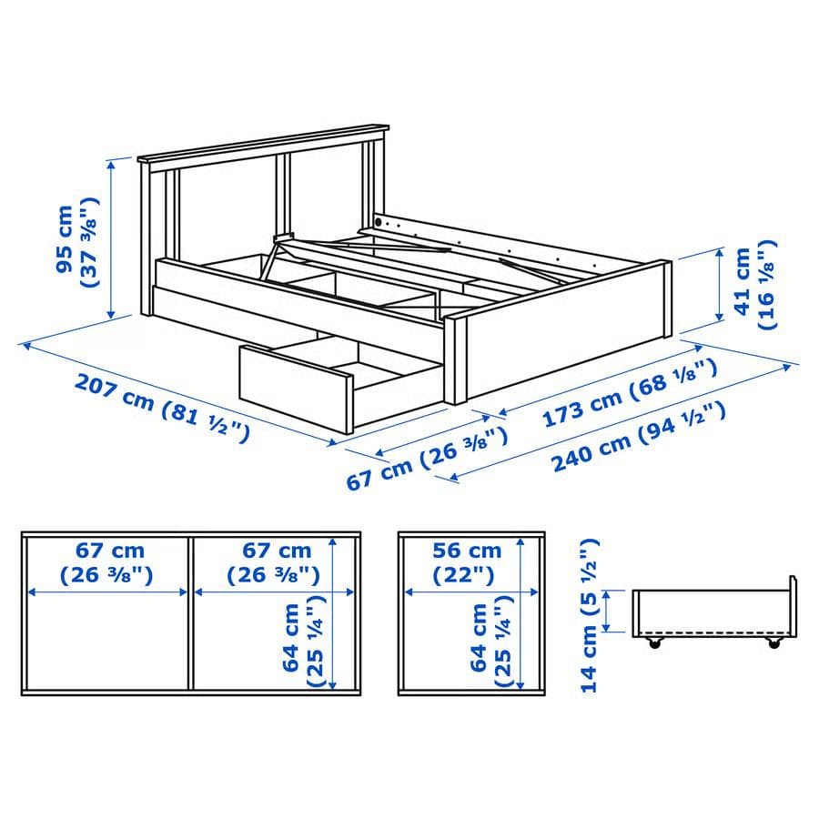 引取限定★IKEA SONGESANDクイーンベッドフレーム収納引き出し４個付き