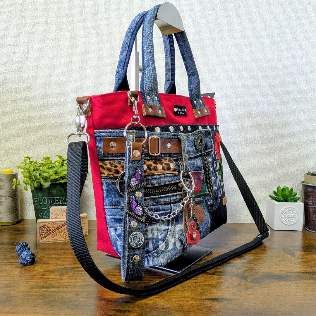 デニムリメイク 2wayトート｜薔薇刺繍×ステンシル・ポケットたくさん・底鋲付き