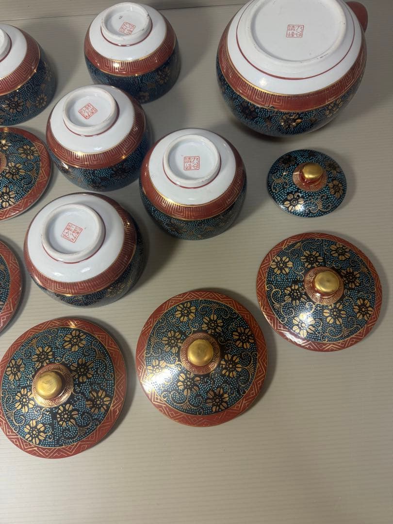 2086 九谷焼　青粒　茶器セット　急須1客　湯呑蓋付5客　金彩