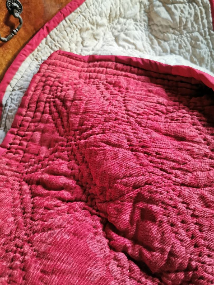 アンティーク フレンチブティ 超肉厚大判キルト ダブルフェイス 花更紗＆チェック