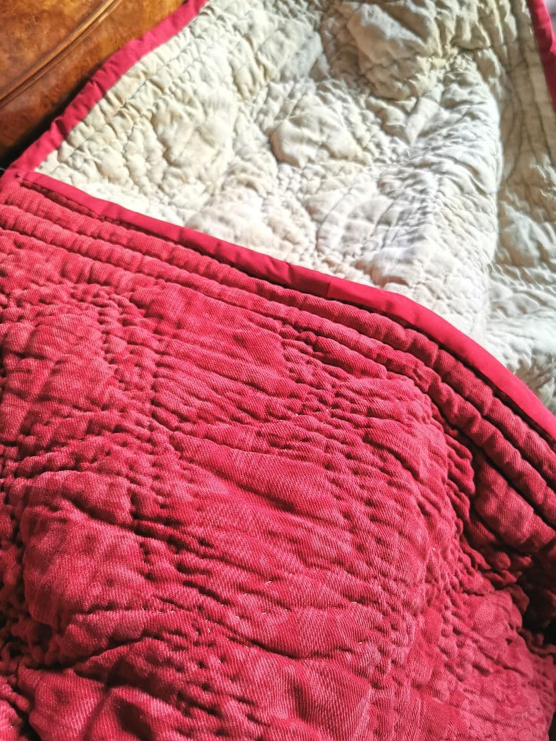 アンティーク フレンチブティ 超肉厚大判キルト ダブルフェイス 花更紗＆チェック