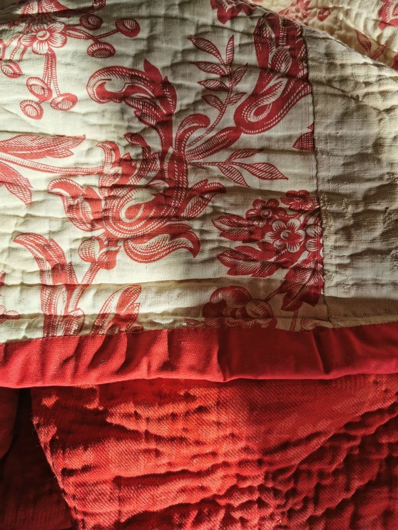 アンティーク フレンチブティ 超肉厚大判キルト ダブルフェイス 花更紗＆チェック