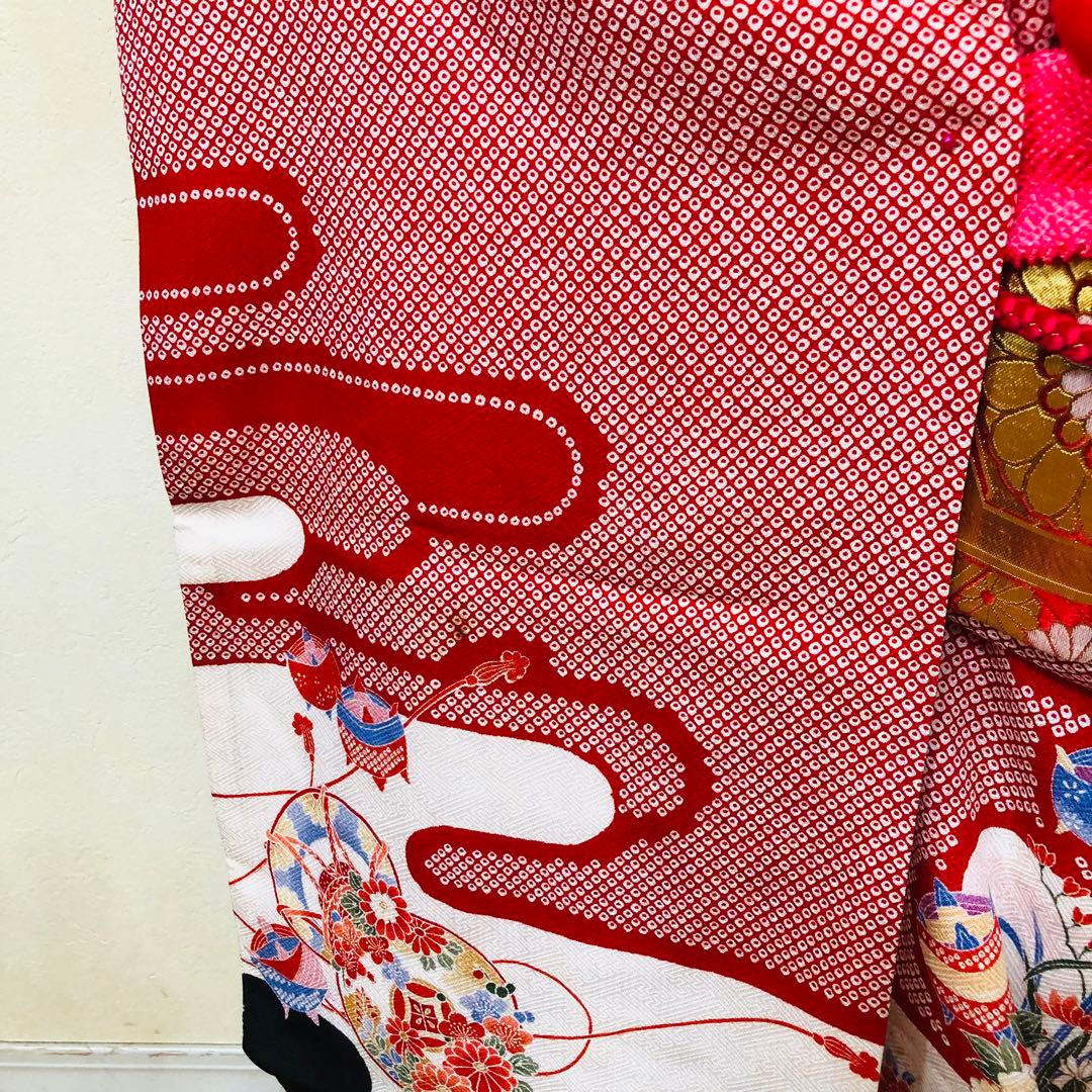 七五三 七歳‼️正絹絞り豪華絢爛‼️手毬花々金彩煌びやか際立つ銘品‼️作り帯楽々人気