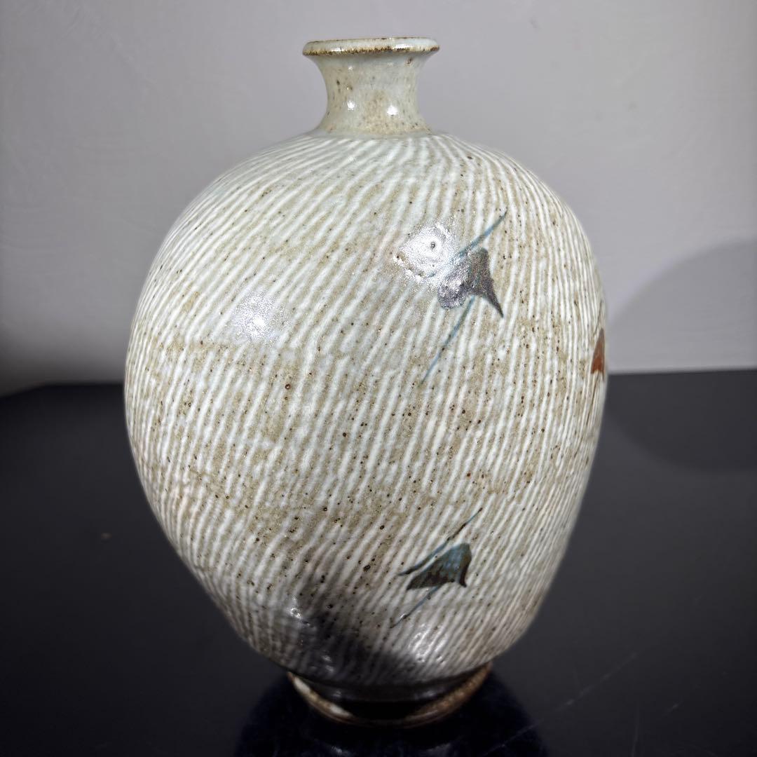 真作　人間国宝　島岡達三　地釉象嵌縄文扁壷