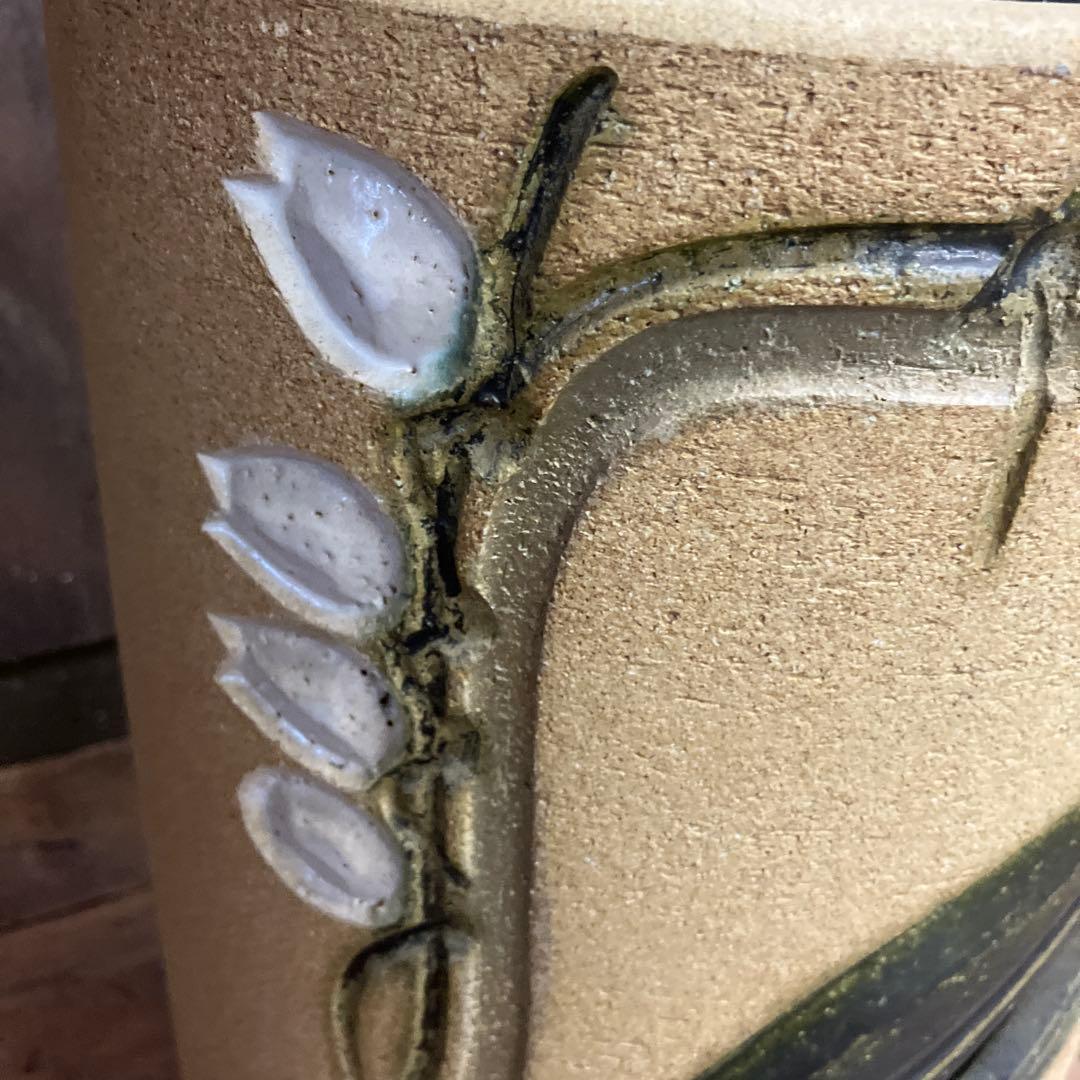 C-5 昭和レトロ 陶器製 傘立て 花柄 浮彫り 和モダン シリンダー型 リーフ