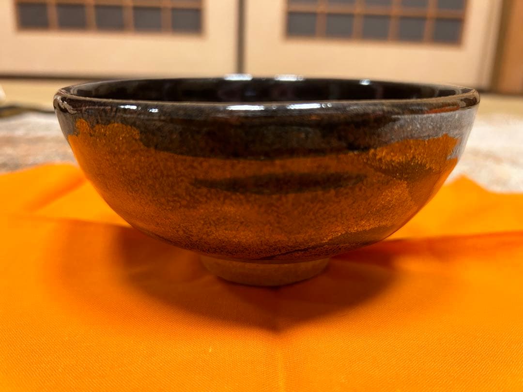 人間国宝 原清 鉄釉花鳥文茶碗 共箱付き