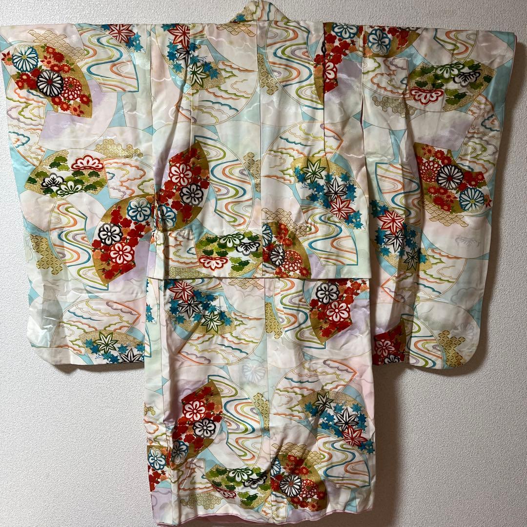 七五三　7歳　着物　正絹　アンティーク　白　水色