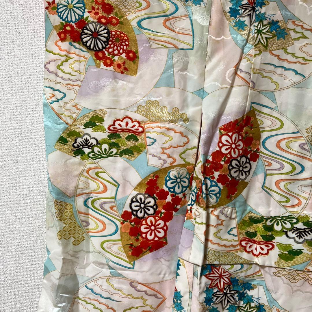 七五三　7歳　着物　正絹　アンティーク　白　水色