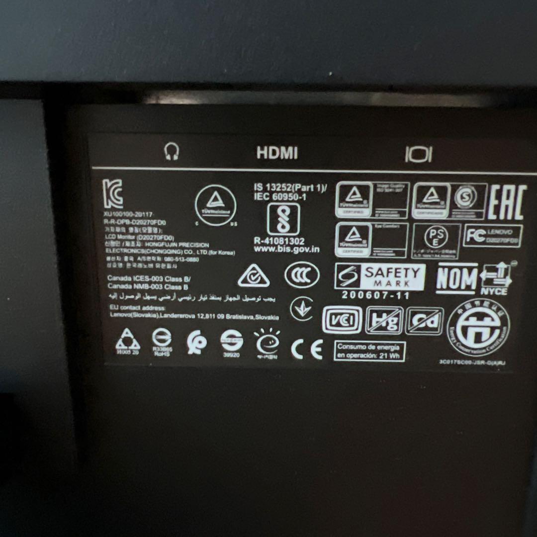 美品 Lenovo 27インチ モニター Switch2 PS5 プラグ付き