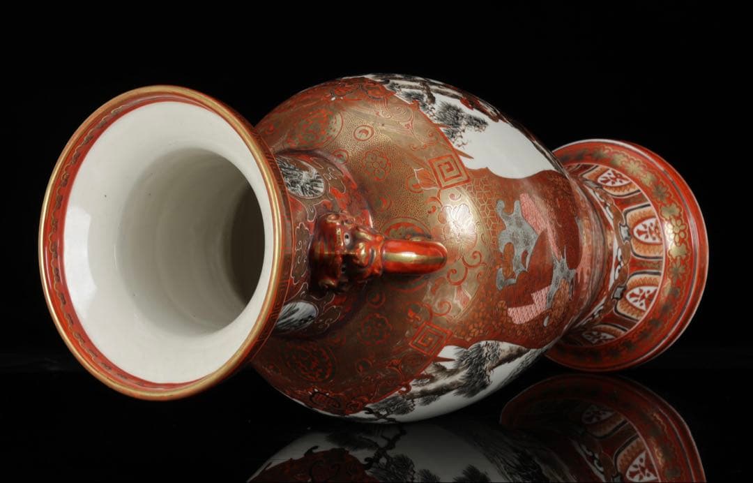 【九谷焼 大日本九谷造】金襴手赤絵金彩 龍双耳飾壺 花瓶 人物松鶴花鳥図 古美術